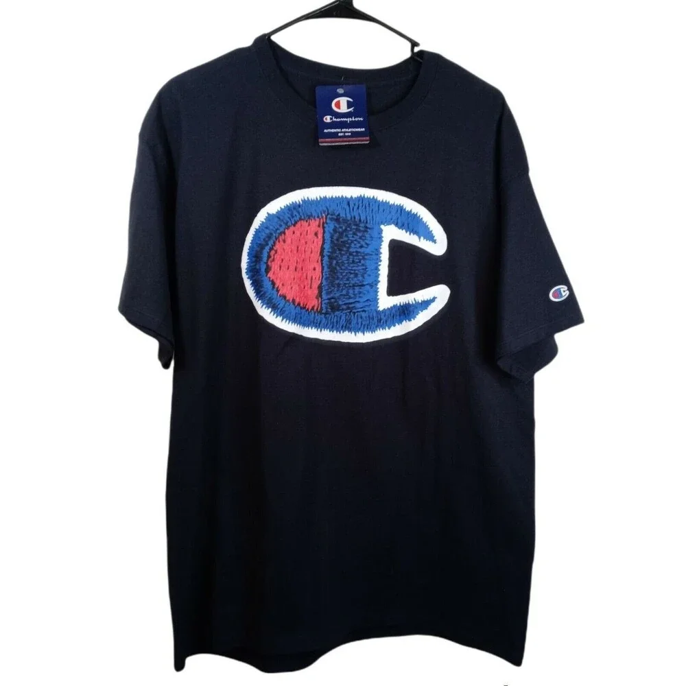 Champion Big C Center Logo Crew neck T-shirt Navy Blue Large NWT - Picture 1 of 5